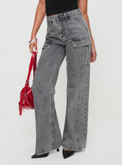 Chad High Rise Flared Cargo Jeans Washed Grey