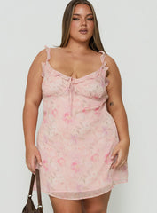 Dewdrops Chiffon Frill Mini Dress Pink Floral Curve