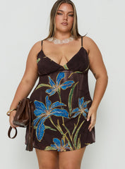 Isakaia Beaded Mini Dress Brown Floral Curve
