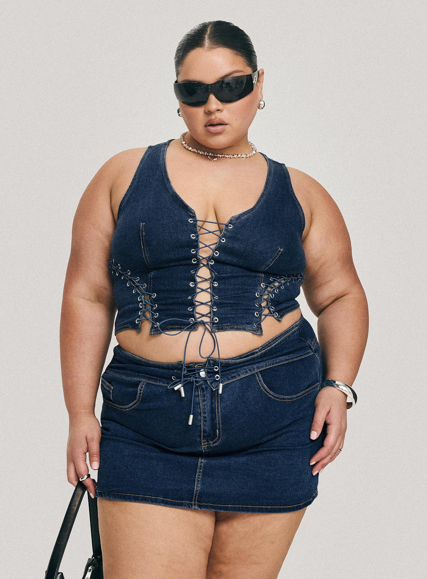 Popular Low Rise Mini Skirt Mid Blue Wash Curve