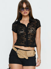 Daveney Lace Short Sleeve Collared Top Black