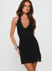 Khali Eyelet Halter Mini Dress Black